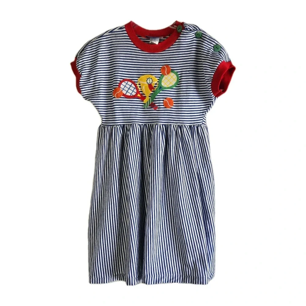 Vtg Patsy Aiken Blue Striped Dress Tennis Applique Girls Size‎ 8 M Cotton USA
